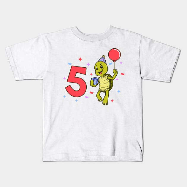 I am 5 with turtle - kids birthday 5 years old Kids T-Shirt by Modern Medieval Design